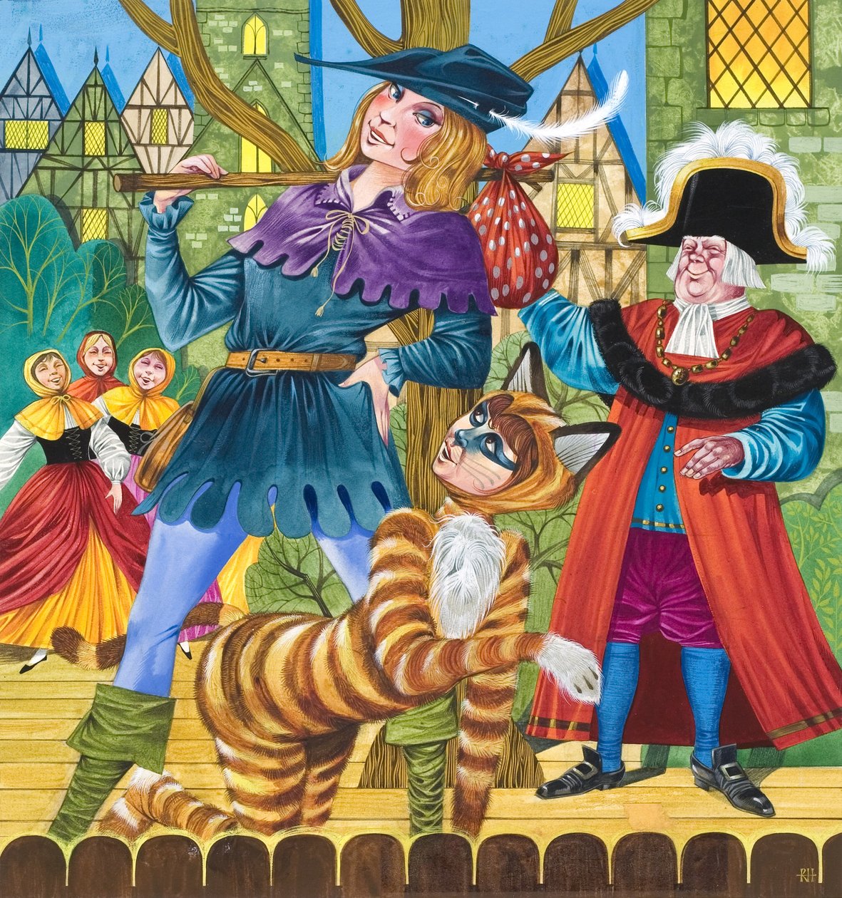 Scène uit de pantomime Dick Whittington (gouache op papier) door Richard Hook