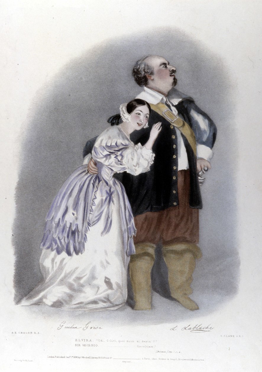 Giulia Grisi en Luigi Lablache in de 3e akte van I Puritani door Vincenzo Bellini. Lithografie door R. J. Lane. 1835 door Richard James Lane