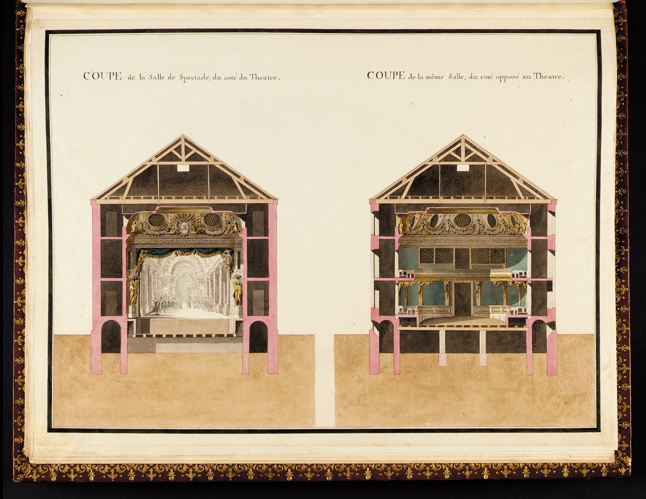 Doorsnede van de theaterzaal aan de kant van het theater & doorsnede van dezelfde zaal aan de tegenovergestelde kant van het theater, uit Recueil des plans du Petit Trianon door Richard Mique door Richard Mique