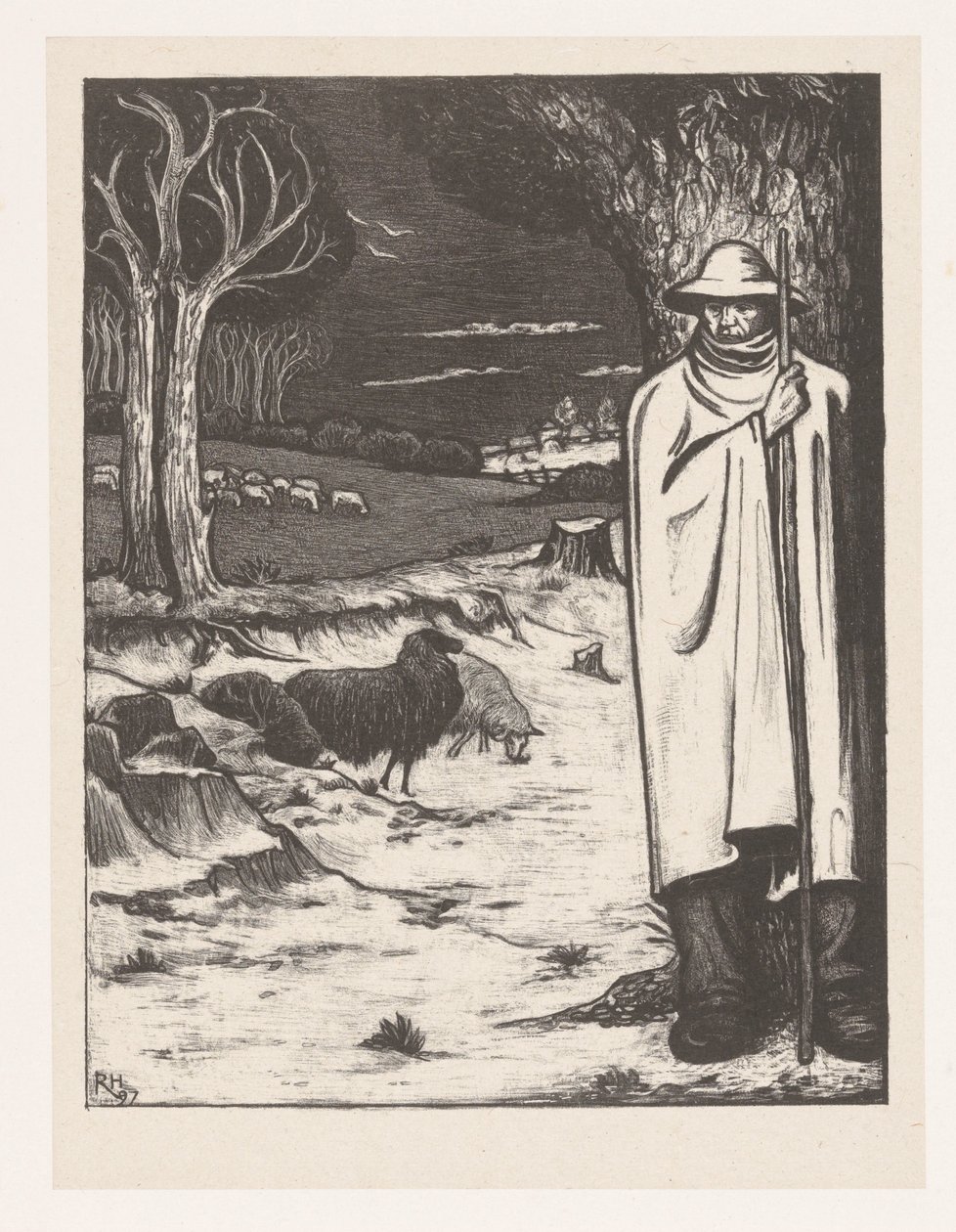 Herder met een Kudde Schapen in een Heuvellandschap door Richard Nicolaüs Roland Holst