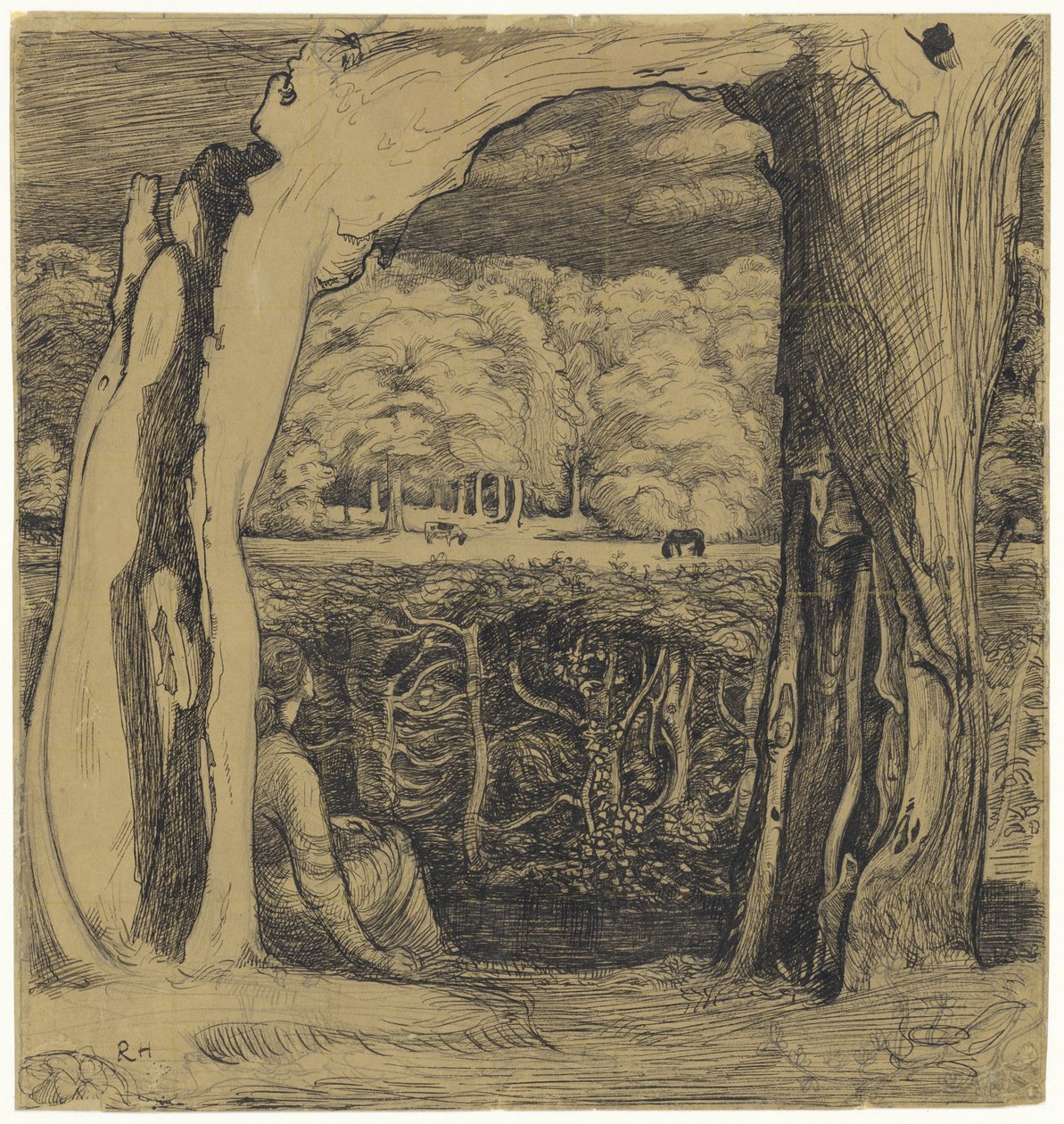 Landschap met een vrouw zittend tussen twee wilgen door Richard Nicolaüs Roland Holst
