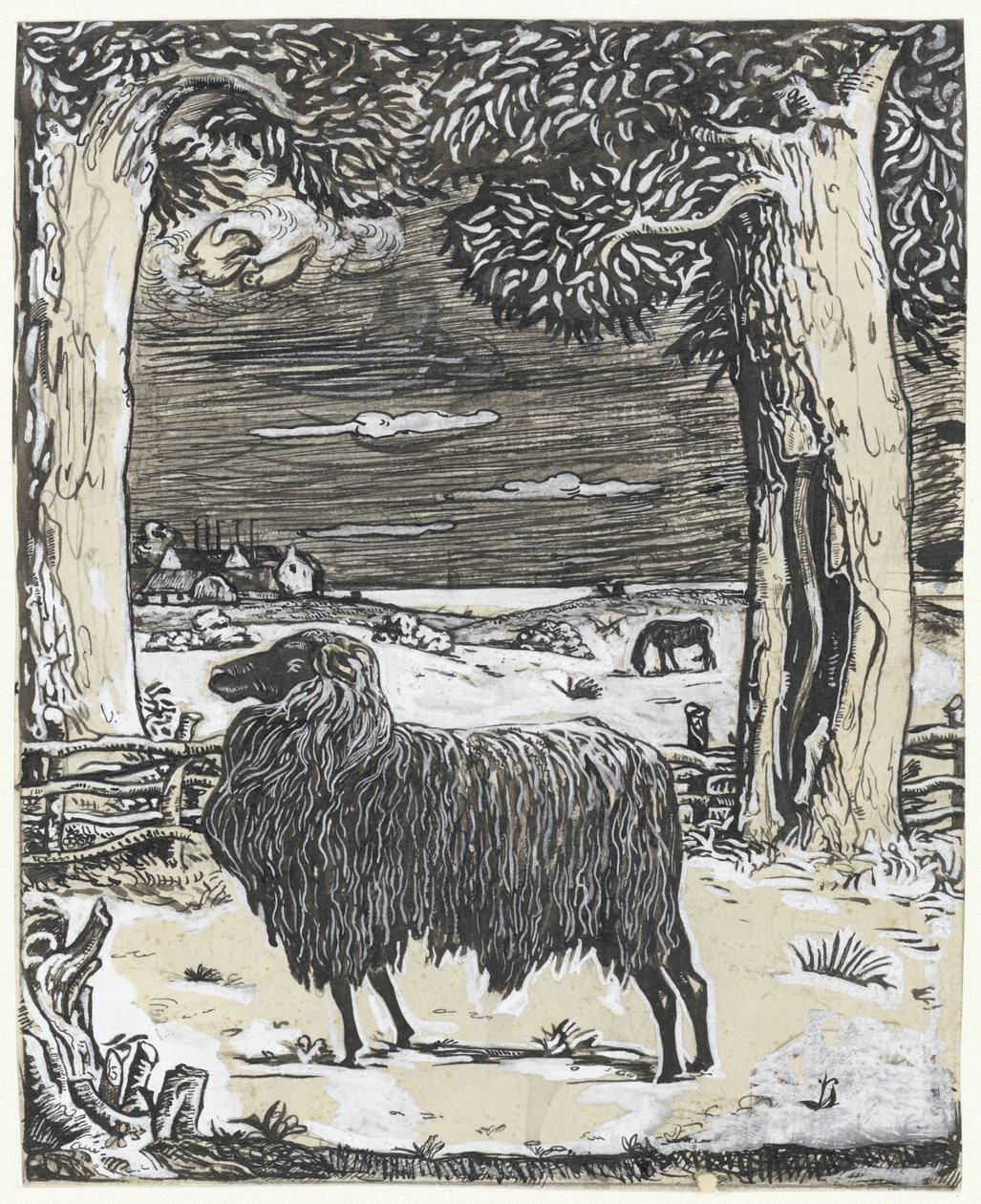 Schaap in een landschap met twee bomen door Richard Nicolaüs Roland Holst