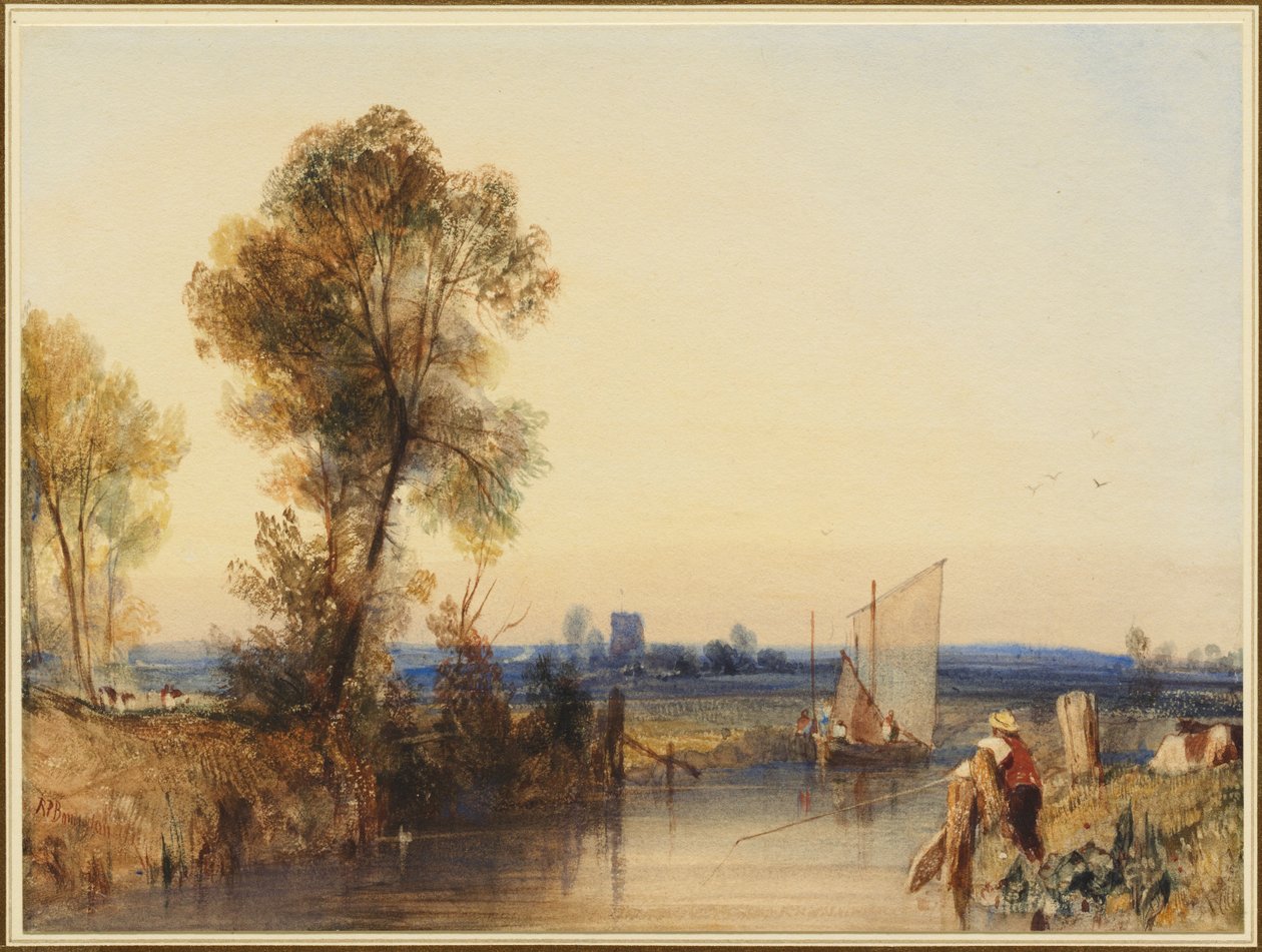 Een visser aan de oevers van een rivier, een kerktoren in de verte door Richard Parkes Bonington