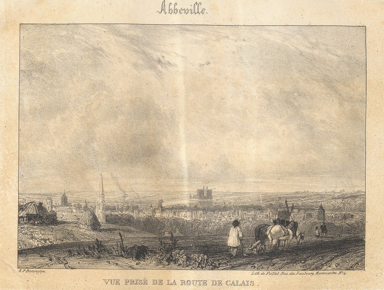 Abbeville - Vue Pris, de la route de Calais door Richard Parkes Bonington