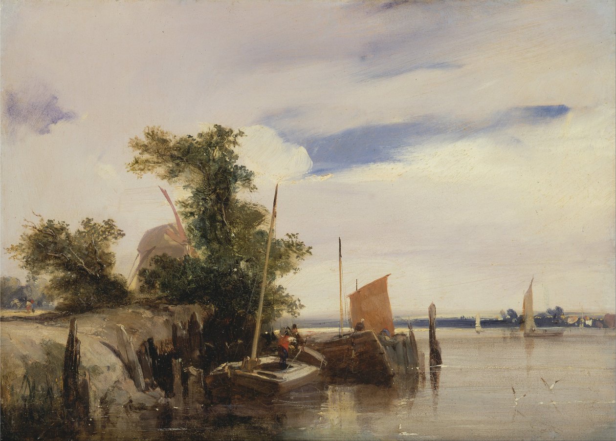 Barges op een rivier door Richard Parkes Bonington