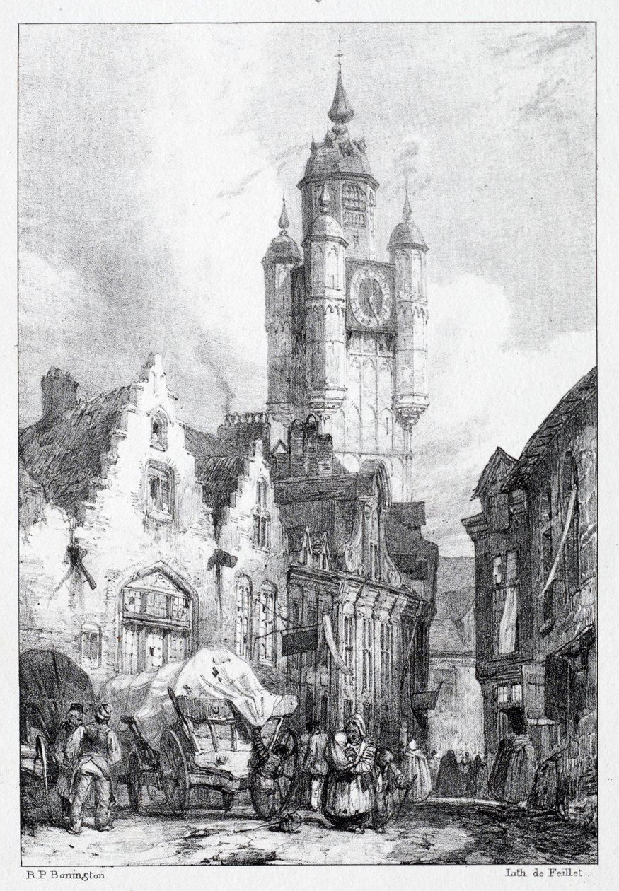 Bergues: La Tour du marché, 1824 door Richard Parkes Bonington