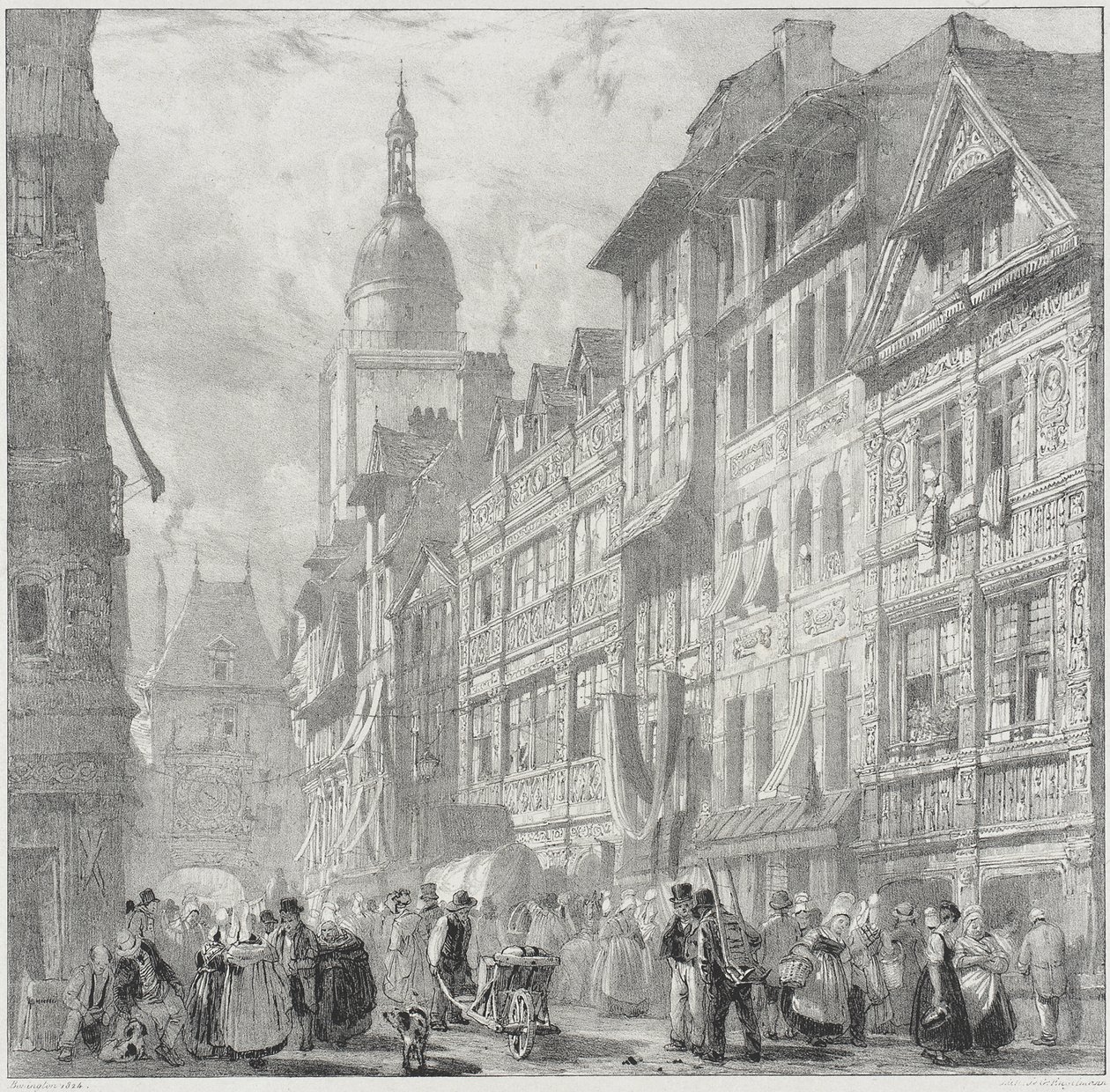 Rue du Gros Horloge, Rouen door Richard Parkes Bonington