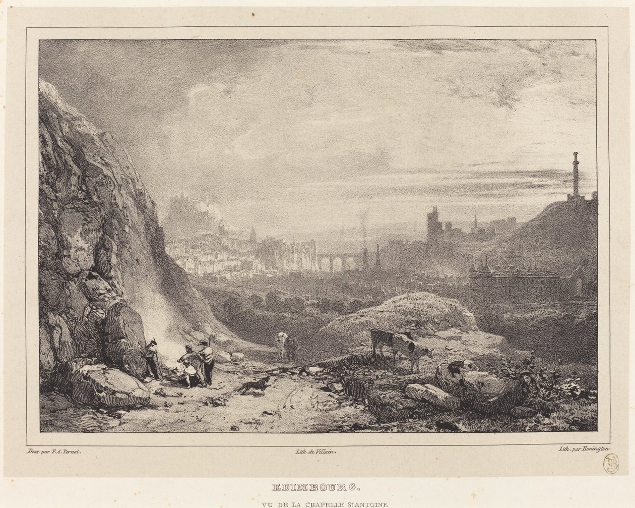 Edinburgh gezien vanaf de Sint-Antoniuskapel door Richard Parkes Bonington after Francois Alexandre Pernot