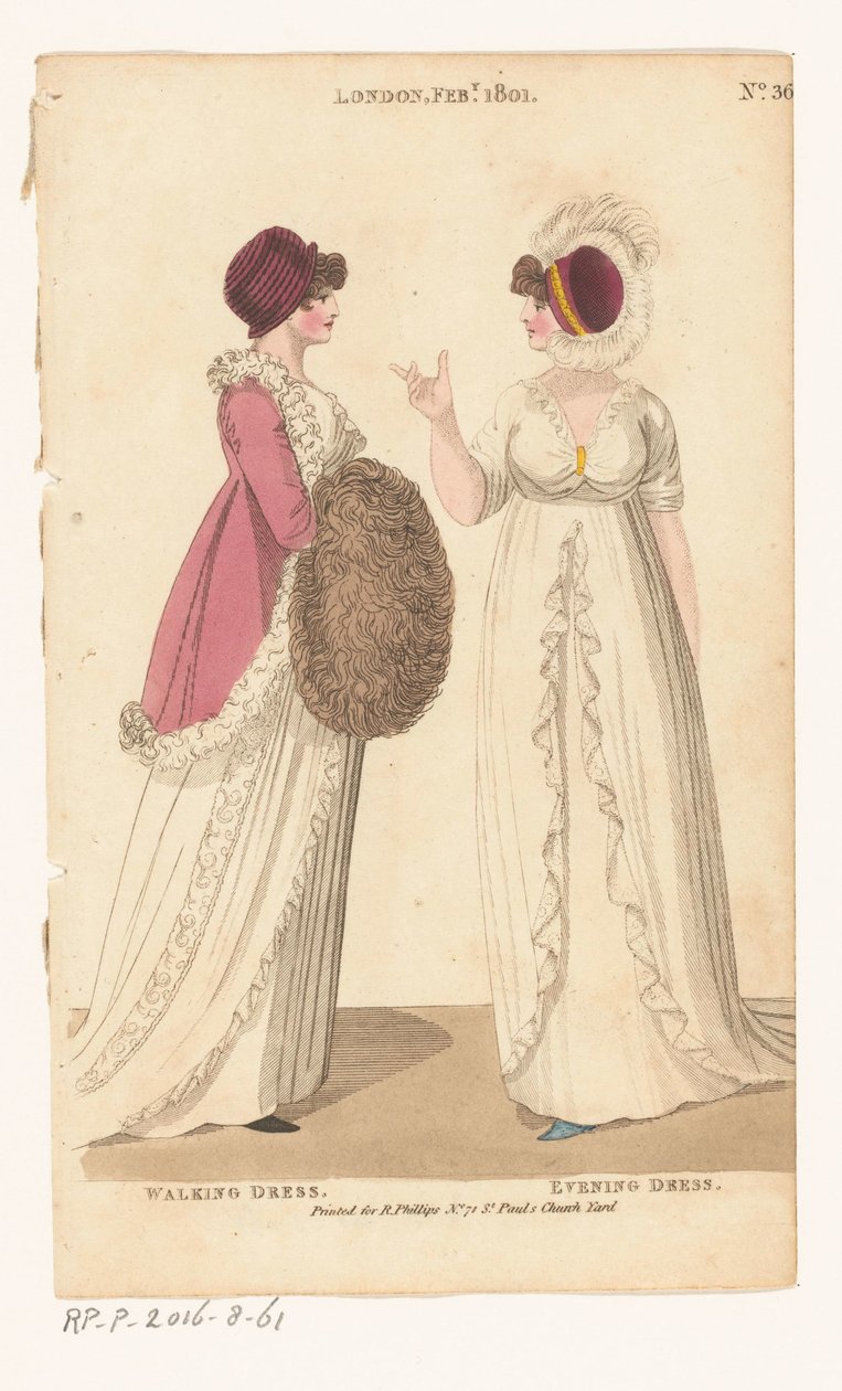 Magazine van vrouwelijke mode van Londen en Parijs. No. 36. Londen Feb., 1801: Wandeljurk; Avondjurk door Richard Phillips