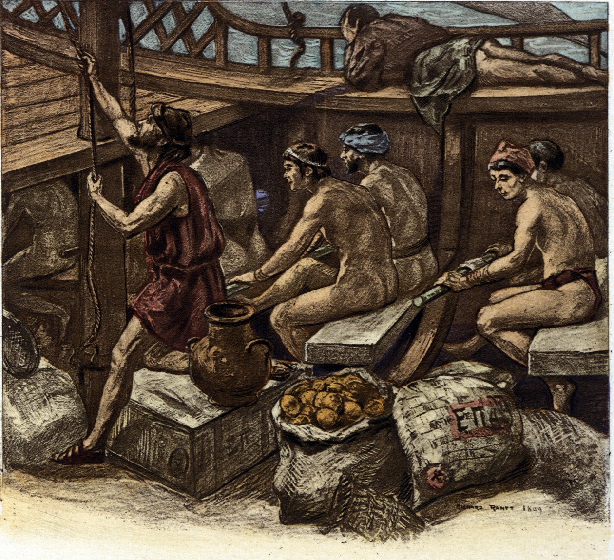 Het leven van de galeislaven aan boord van een Griekse galei in de oudheid. Illustratie door Richard Ranft (1862-1931) 1909 door Richard Ranft