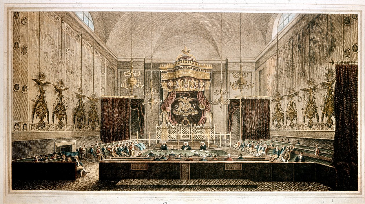 Uitzicht op het Hogerhuis, het hogerhuis van het Parlement van Groot-Brittannië (Gravure) door Richard Rothwell