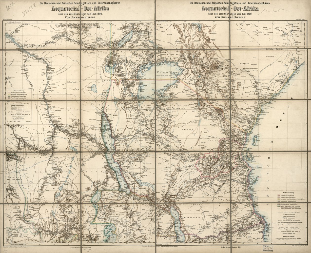 De Duitse en Britse beschermingsgebieden en invloedsferen in Equatoriaal-Oost-Afrika: volgens de overeenkomsten van juni 1890 door Richard; Sprigade Kiepert