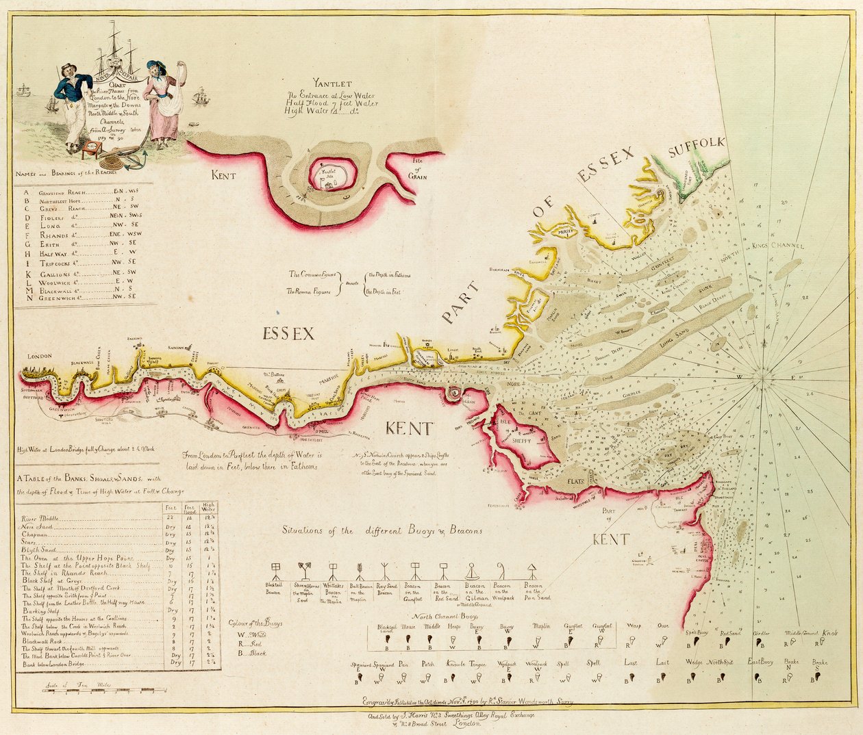 Kaart van de rivier de Theems van Londen naar de Nore, Margate en de Downs, Noord-, Midden- en Zuidkanalen, van een survey genomen in 1789 en 90 door Richard Stanier