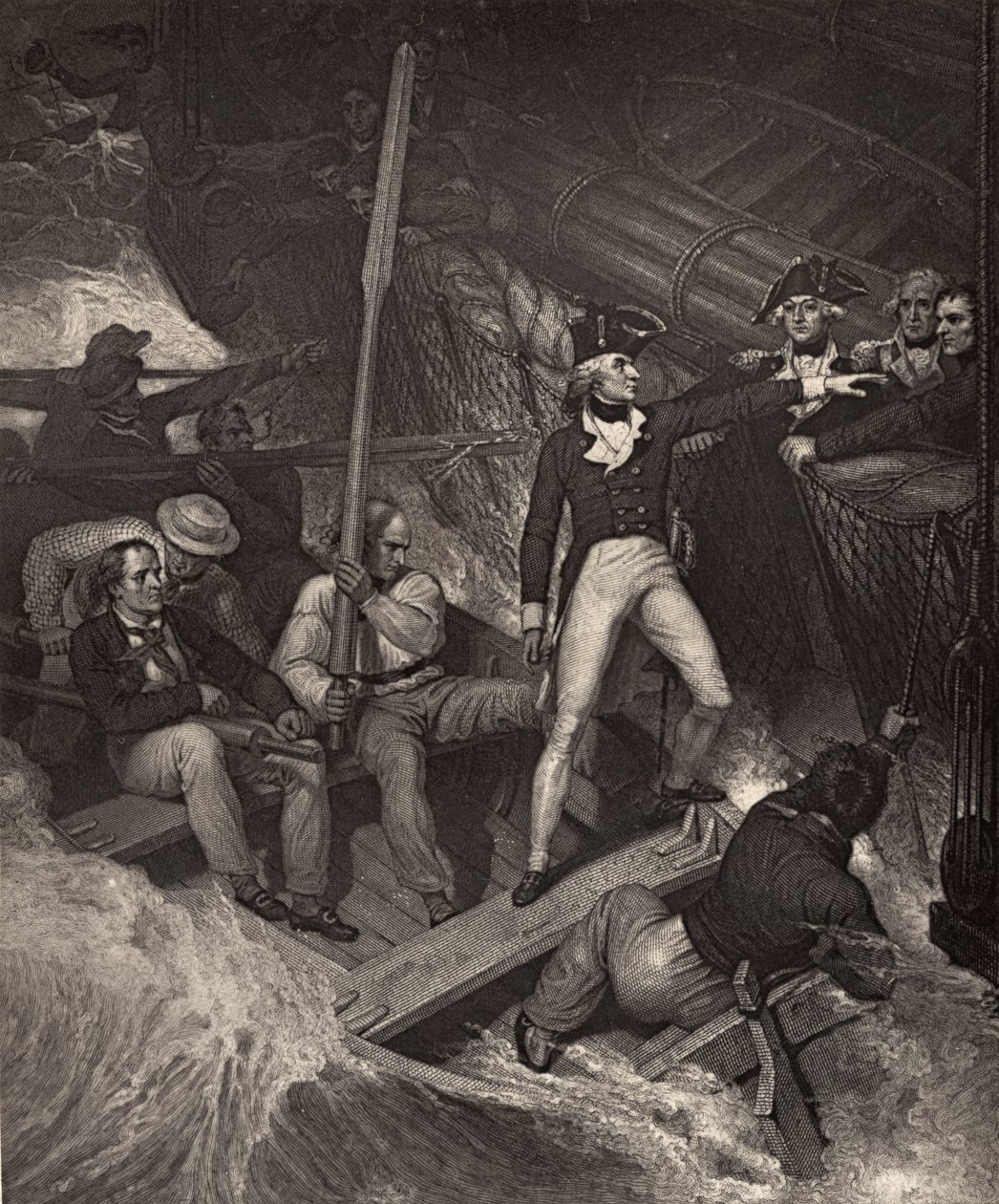 Luitenant Nelson vrijwillig om een prijs te boarden in een hevige storm, illustratie uit 