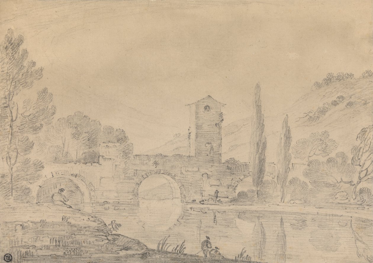 Italiaans Landschap met Drieboogbrug, Brughuis, Figuren op Nabije Oever en Populieren op Verre Oever door Richard Wilson