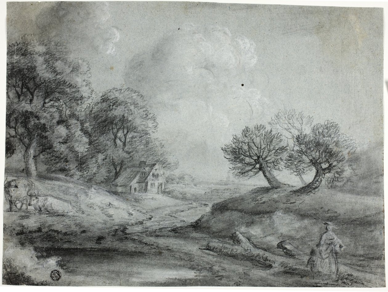 Landschap met vrouw en koeien door Richard Wilson