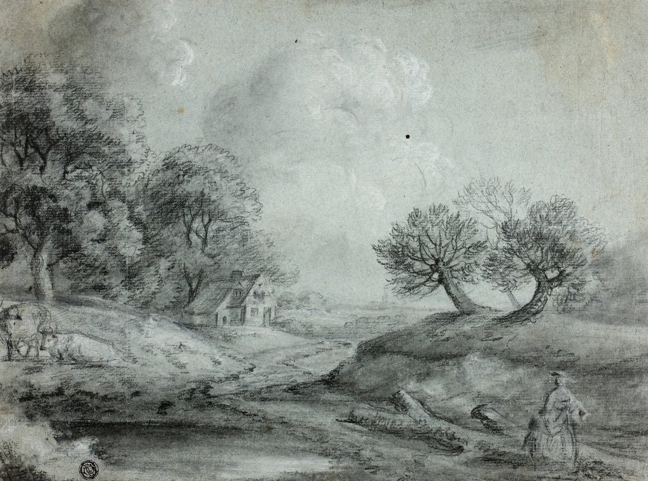 Landschap met vrouw en koeien (recto); schets van een landschap (verso) door Richard Wilson