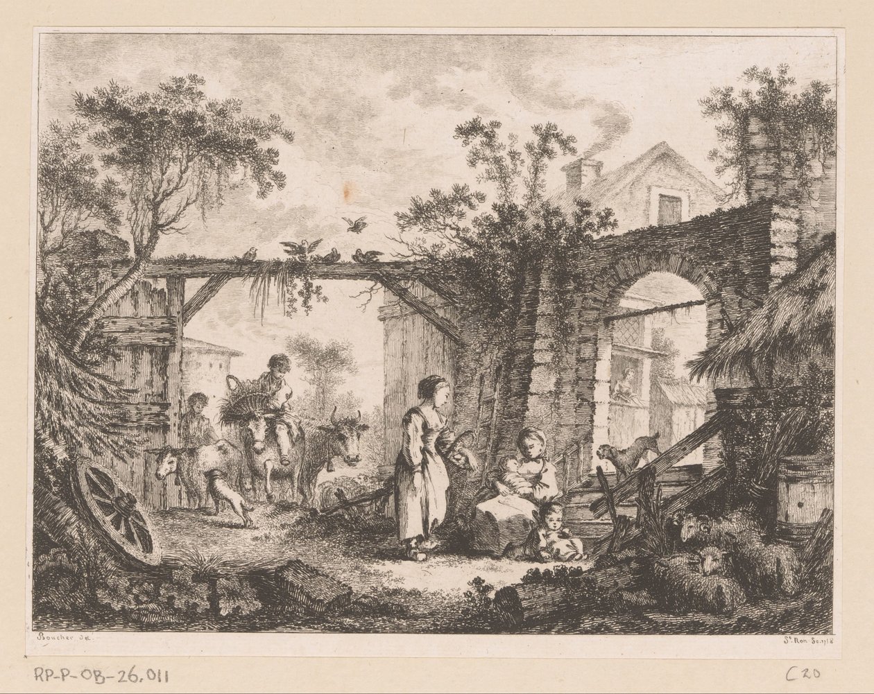 Gezicht op een binnenplaats met een doorkijk door een poort naar een huis door Richard de Saint Non