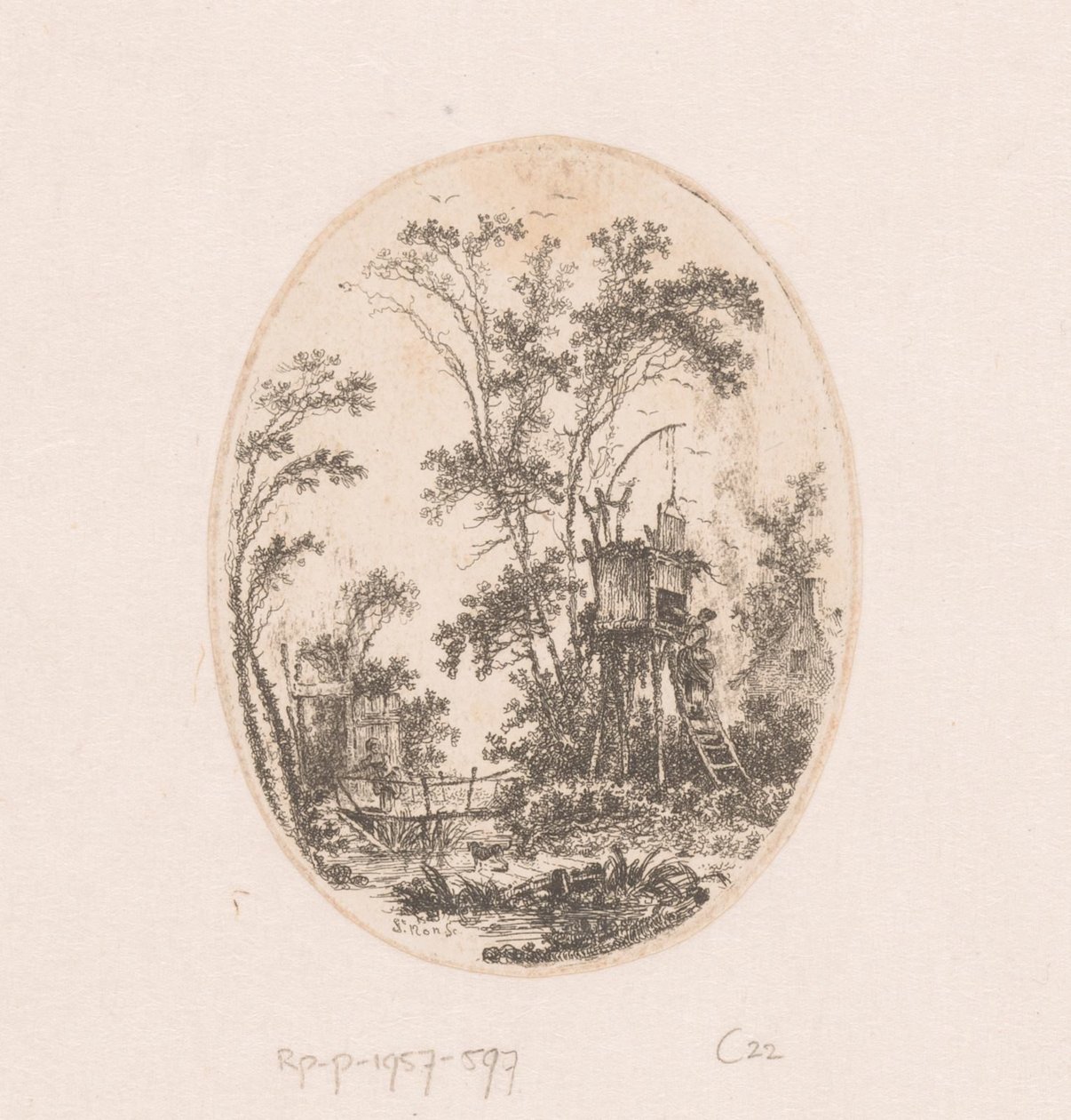 Landschap met houten bouwwerk op palen, links een vrouw op een brug door Richard de Saint Non