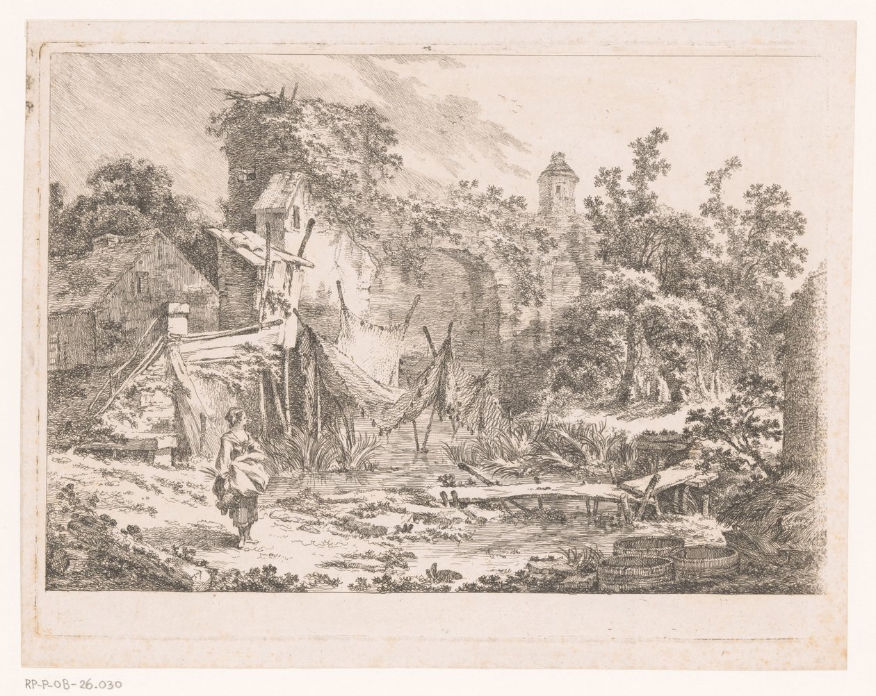 Landschap met hut en visnetten op staken door Richard de Saint Non