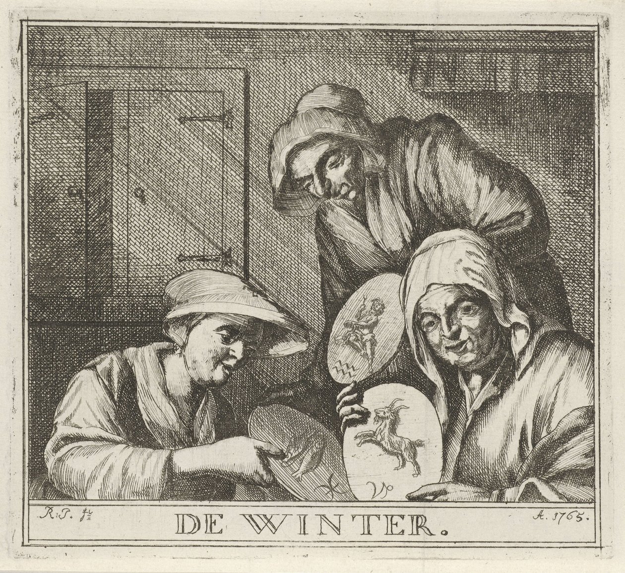 Interieur met drie boerinnen door Rienk Jelgerhuis