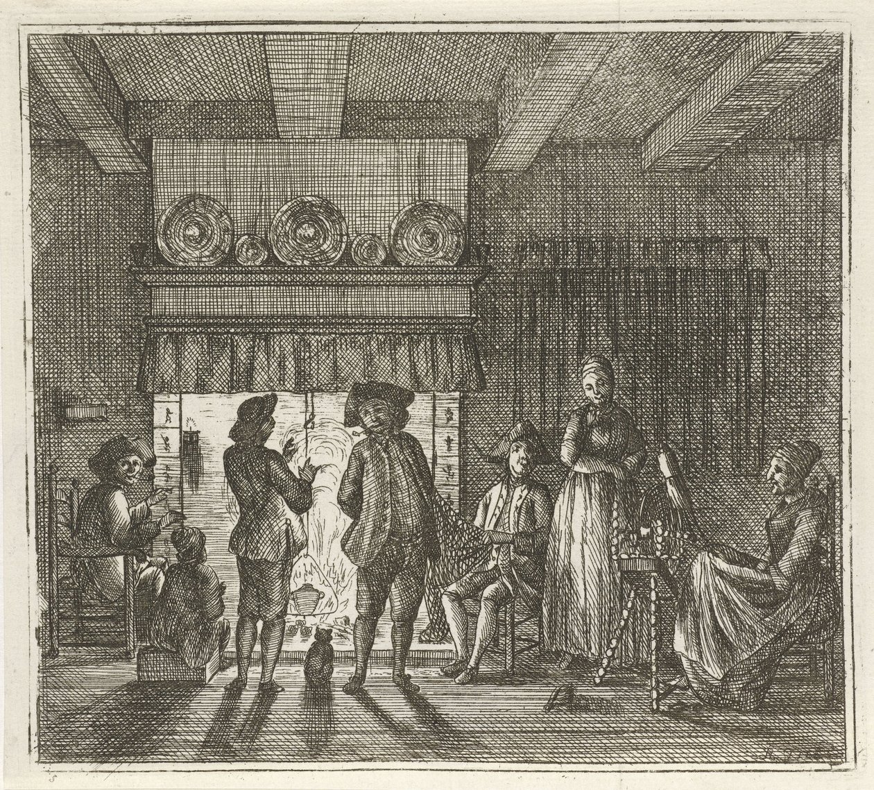 Interieur met figuren bij open haard door Rienk Jelgerhuis