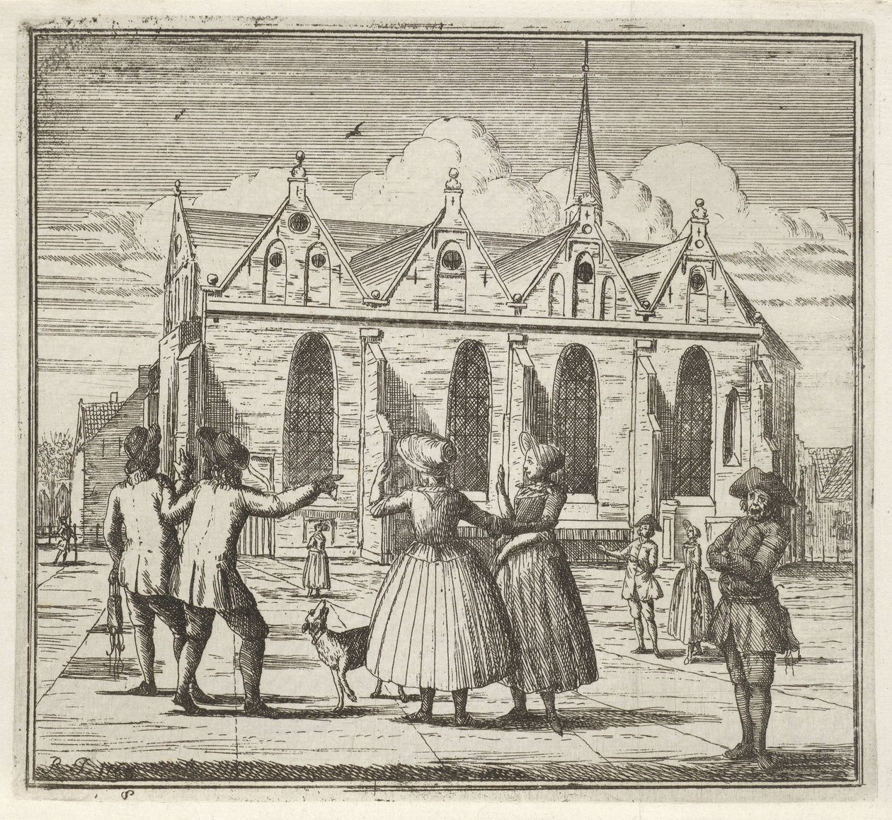 Mannen en vrouwen op een plein bij de Grote Kerk te Leeuwarden door Rienk Jelgerhuis