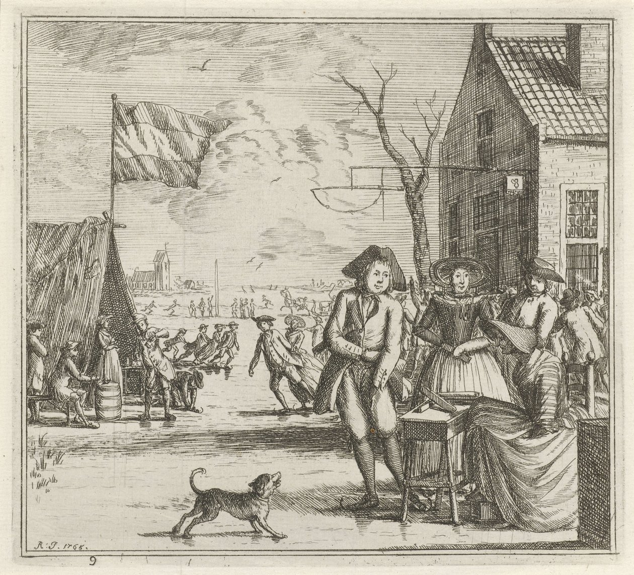 Winterlandschap met herberg en schaatsers door Rienk Jelgerhuis