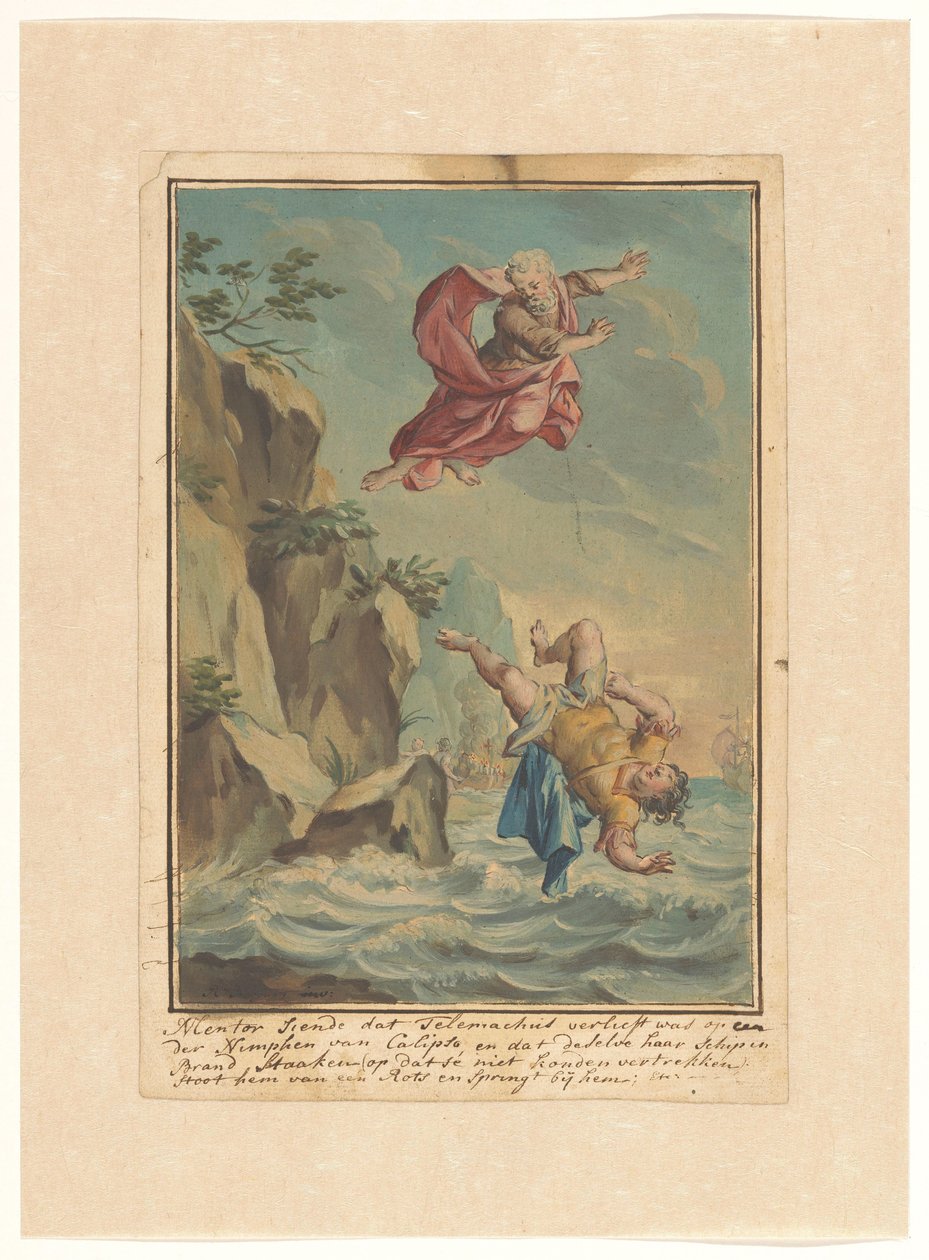 Mentor gooit Telemachus van een rots en springt hem achterna (Telemachus-reeks) door Rienk Keyert