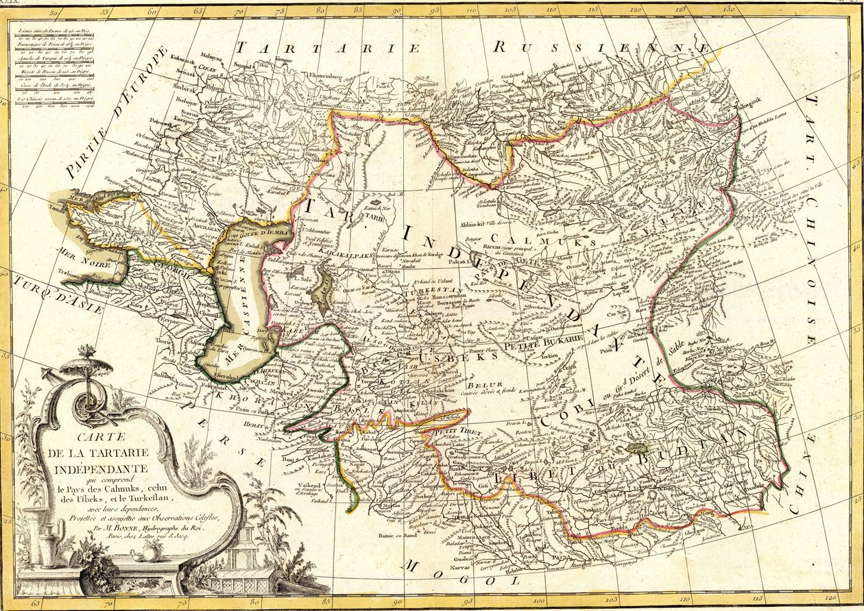 Kaart van het onafhankelijke Tartary dat het land van de Kalmoeken, dat van de Oezbeken en het Turkestan omvat door Charles Marie Rigobert Bonne