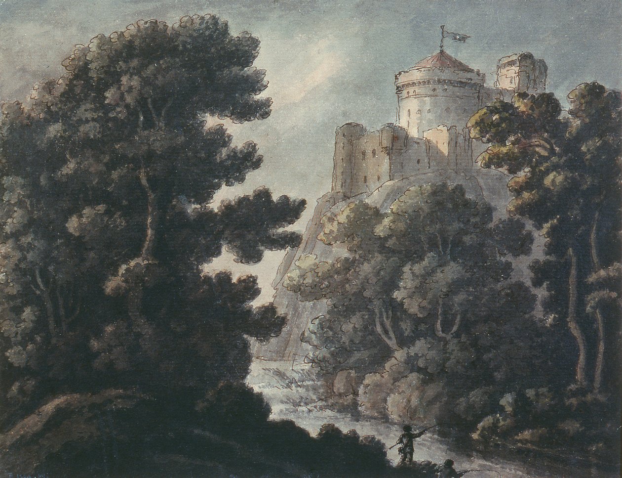 Landschap met kasteel op een rots door Robert Adam
