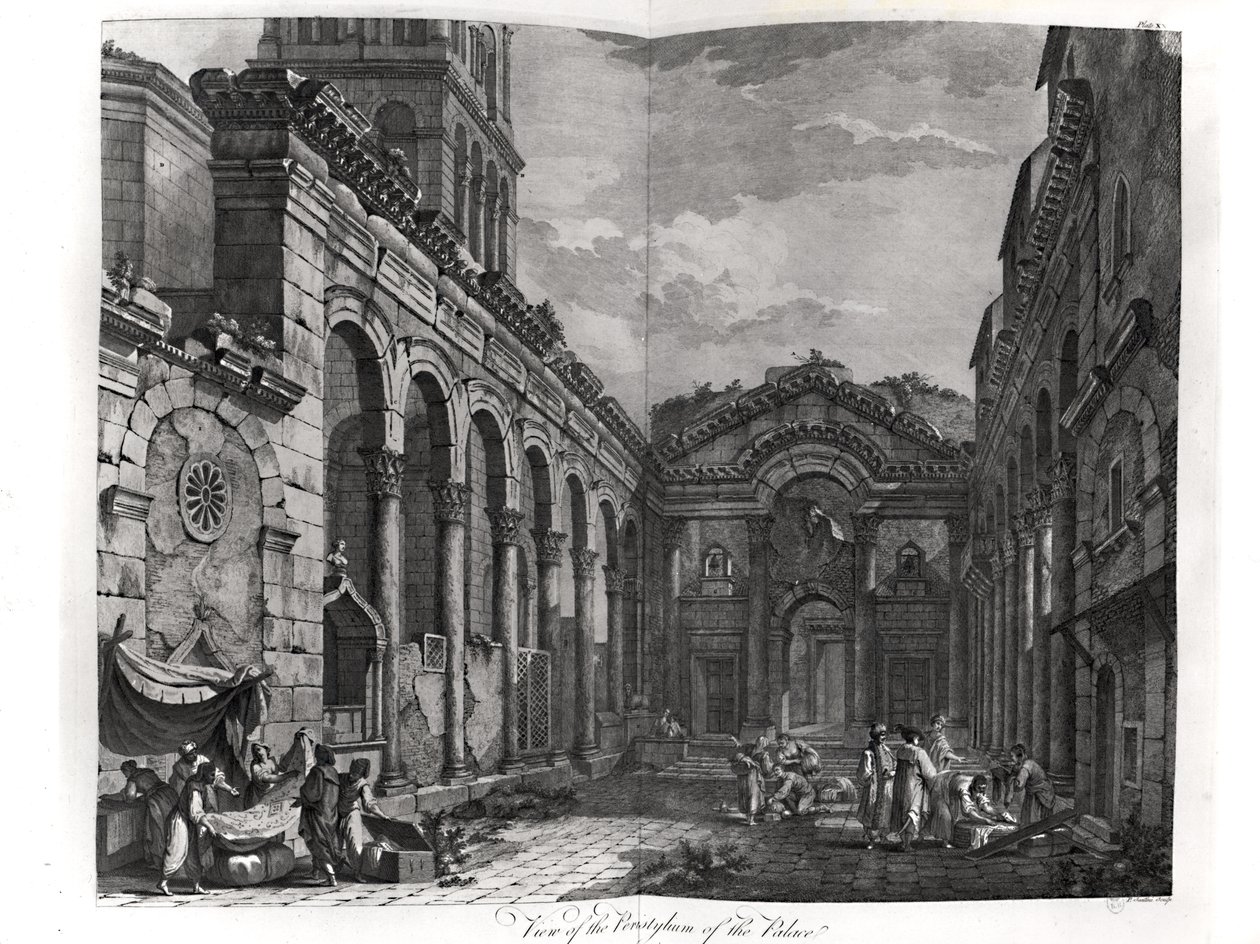 Uitzicht op het peristilium van het paleis van Diocletianus (245-313), Romeinse keizer 284-305, in Split aan de Dalmatische kust, gegraveerd door P. Santini, 1768 door Robert Adam