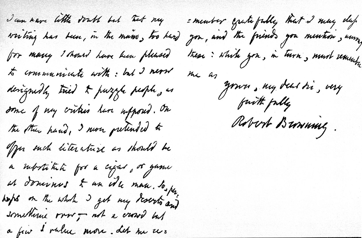 Brief aan William G. Kingsland, betreffende de vermeende obscuriteit van zijn poëzie en schrijven, geschreven op 19, Warwick Crescent, Upper Westbourne Terrace, Londen, 27 november 1868 door Robert Browning