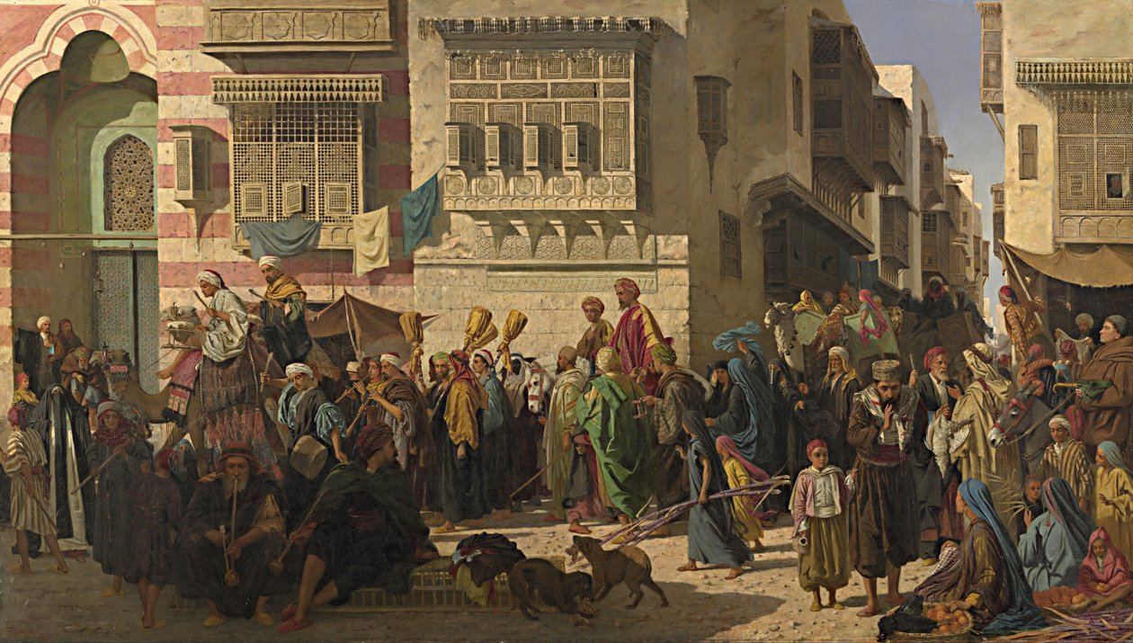 Een sjeik en zijn zoon komen Caïro binnen na hun terugkeer van een pelgrimstocht naar Mekka door Robert Dowling