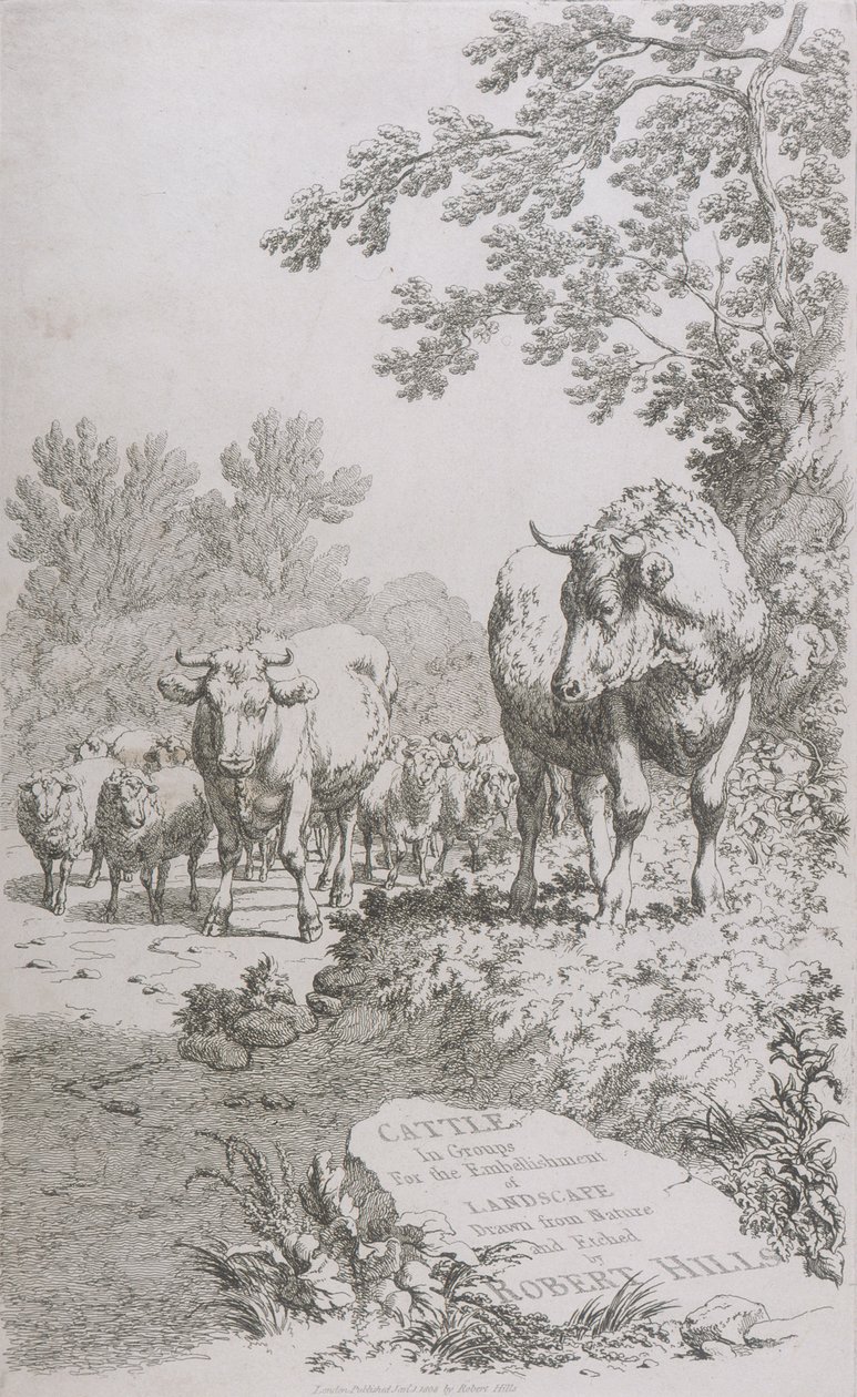 Titelpagina voor Vee in Groepen voor de Versiering van Landschappen..., 1808 door Robert Hills