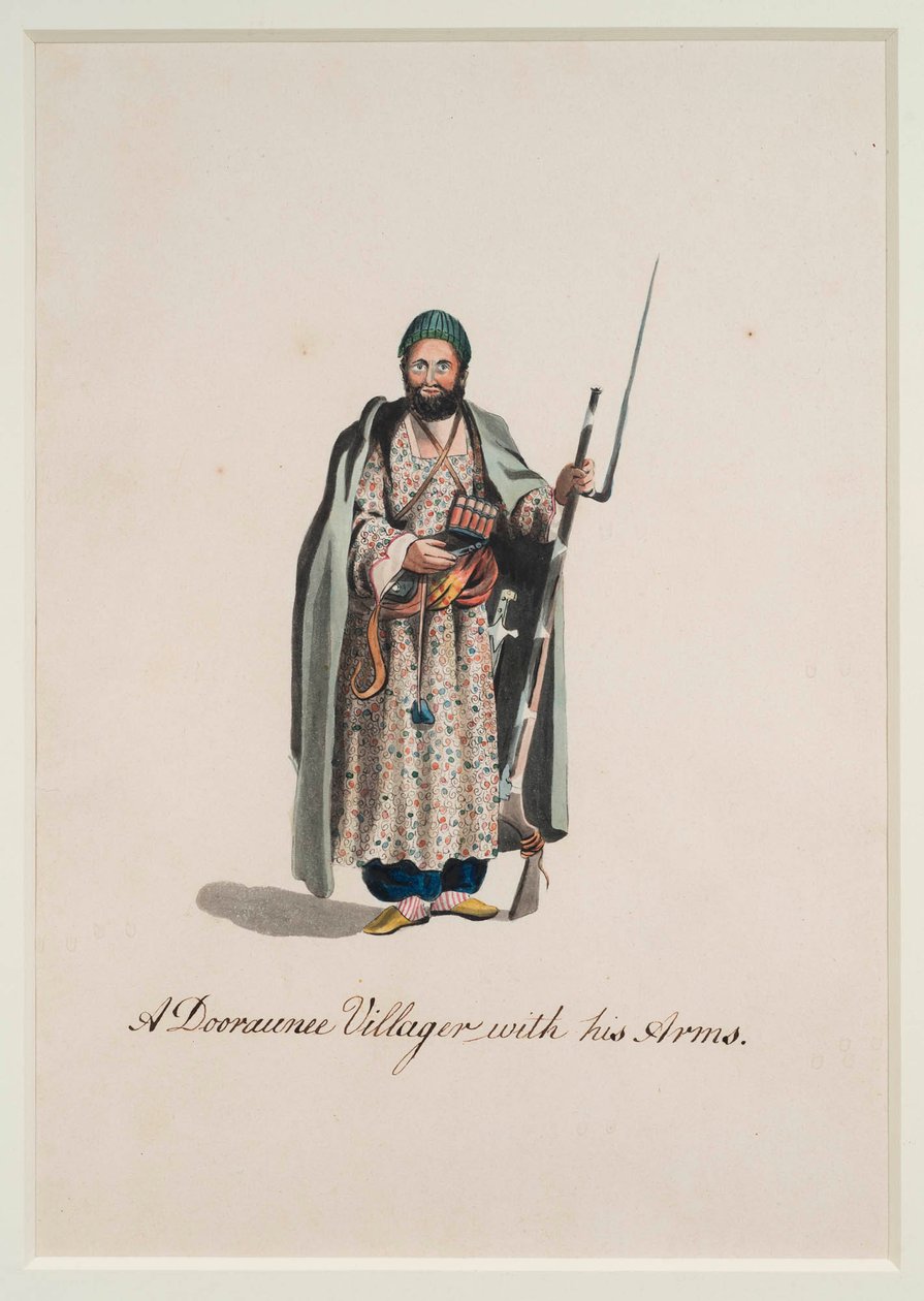 Een Dooraunee dorpsbewoner met zijn wapens, 1815 door Robert Melville Grindlay