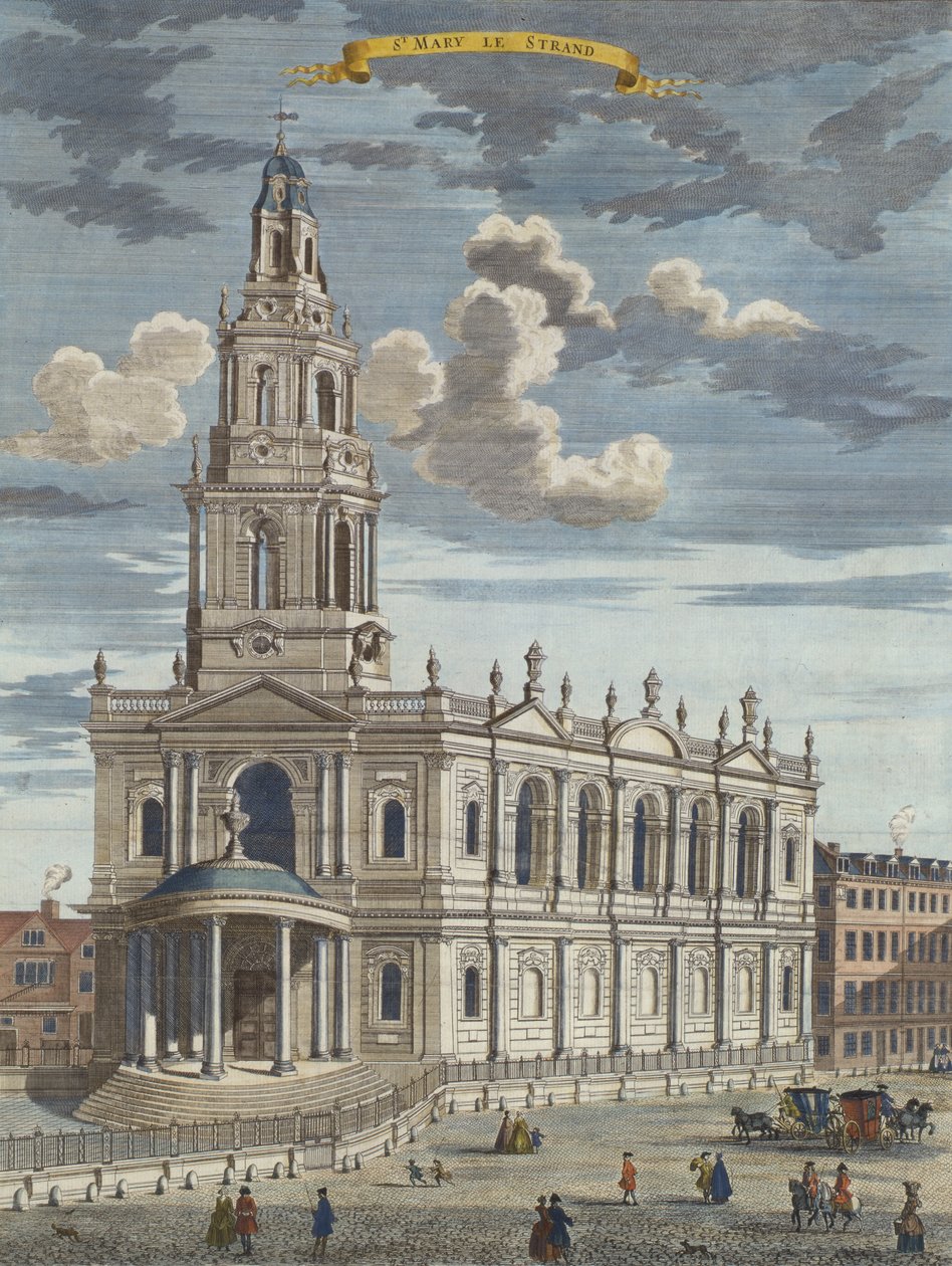 St. Mary le Strand, uit Een Boek van de Uitzichten van de Opmerkelijke Plaatsen in en rond de Stad Londen, c.1700 door Robert Morden