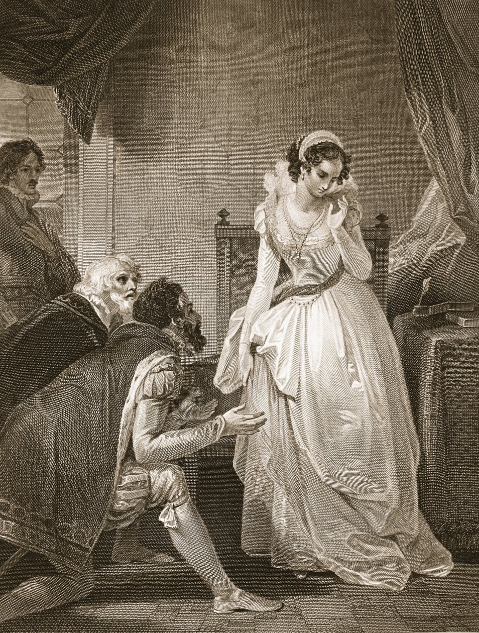 Lady Jane Grey weigert de kroon, gegraveerd door W. Bromley, illustratie uit David Hume