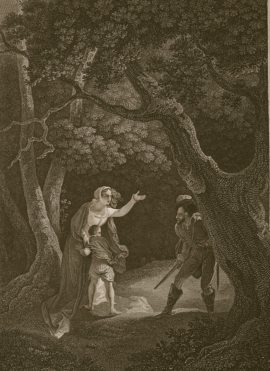 Koningin Margaret aangevallen door de Rover, gegraveerd door J. Landseer, illustratie uit David Hume