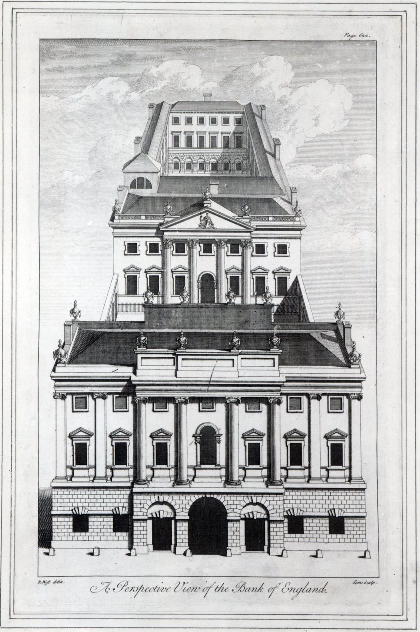 Een perspectivisch uitzicht op de Bank of England, gegraveerd door William Henry Toms, 1739 door Robert West