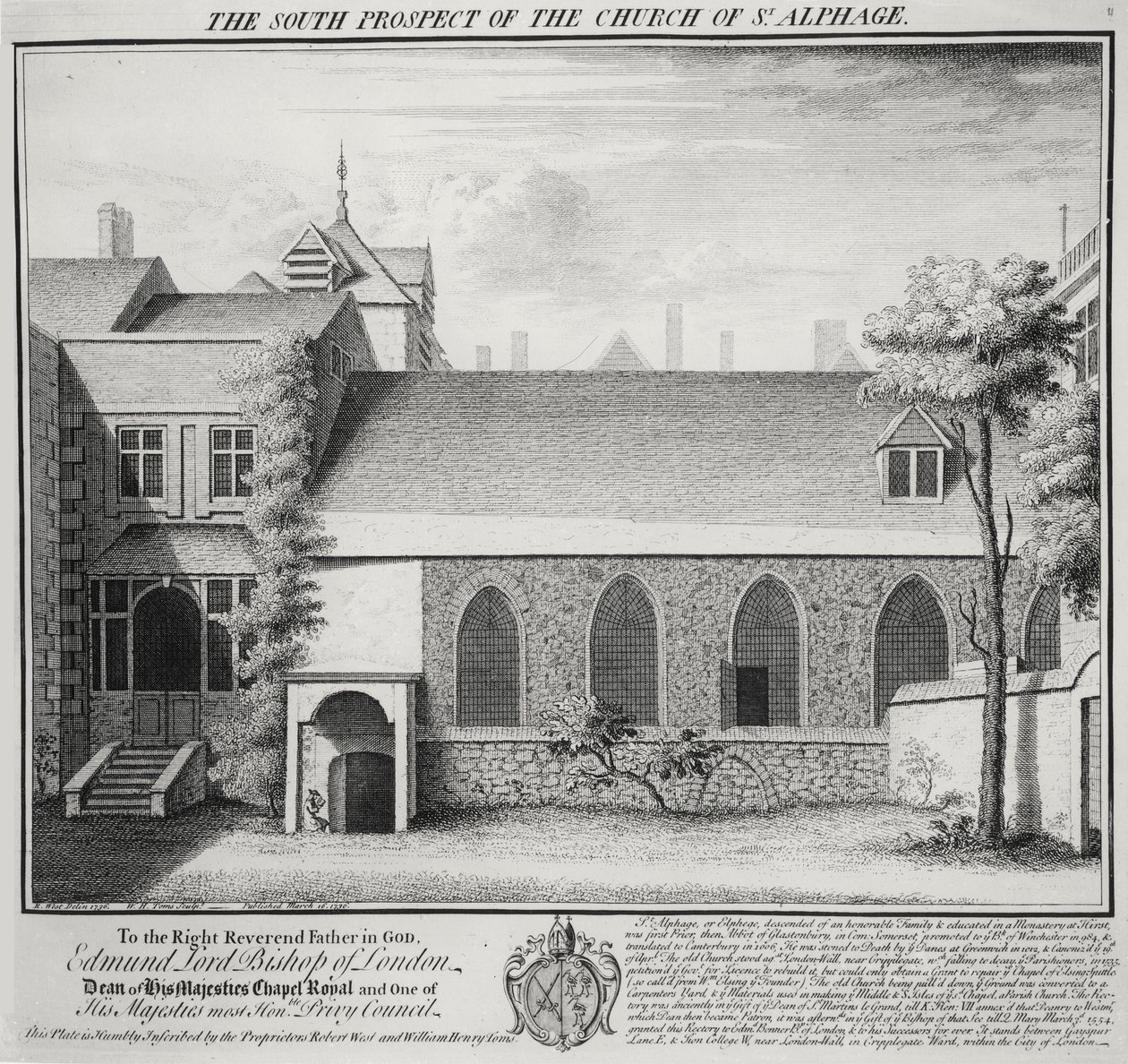Het Zuidelijke Uitzicht van de Kerk van St. Alphage, gegraveerd door William Henry Toms, 1736 door Robert West