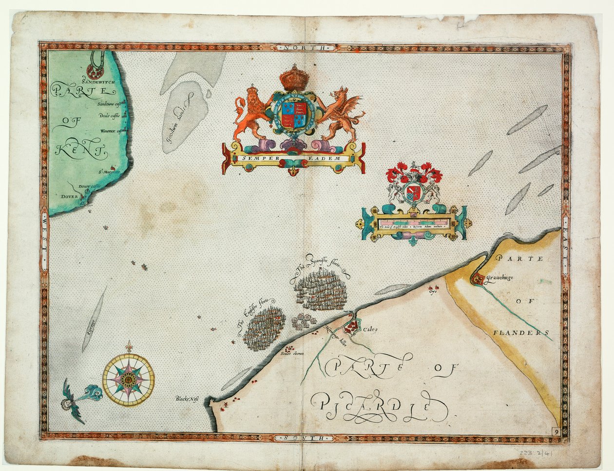 Dover naar Sandwich en Blacknerse naar Gravelines - De Spaanse Armada en de Engelse Vloot bij Calais, ca. 1590 door Robert (after) Adams