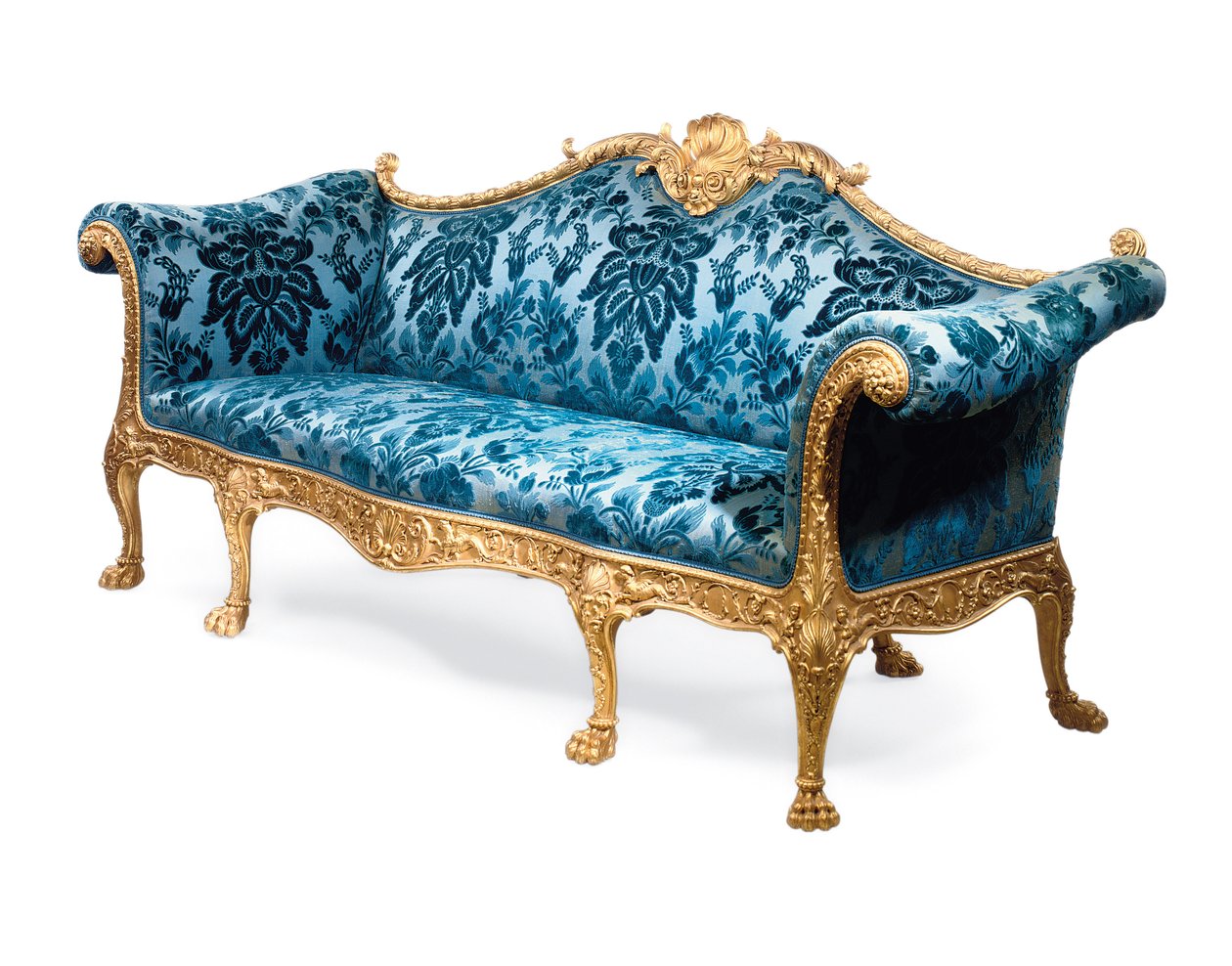 Een George III vergulde houten sofa door Robert Adam