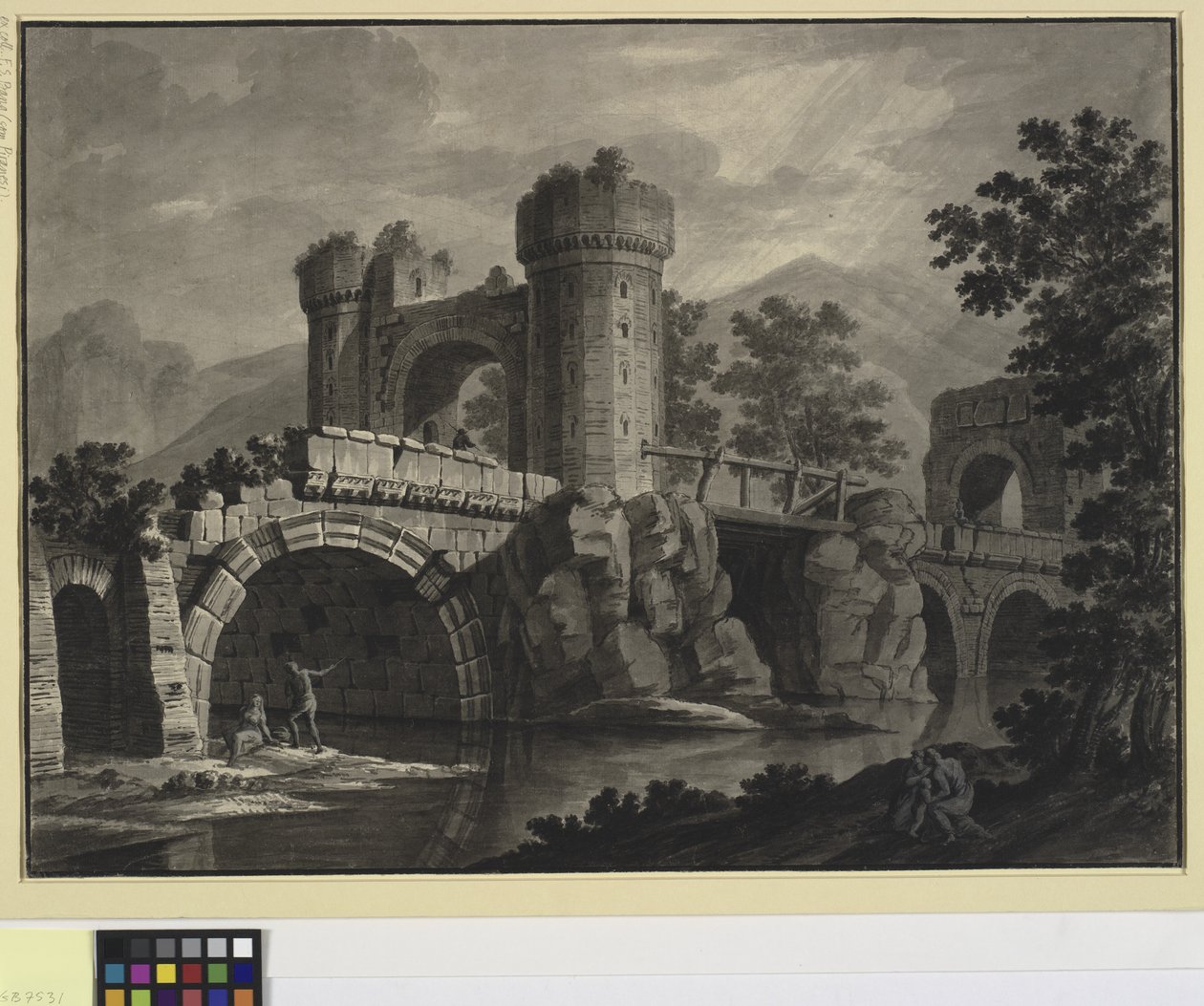 Architectonische fantasie van een verwoeste brug in een landschap door Robert Adam
