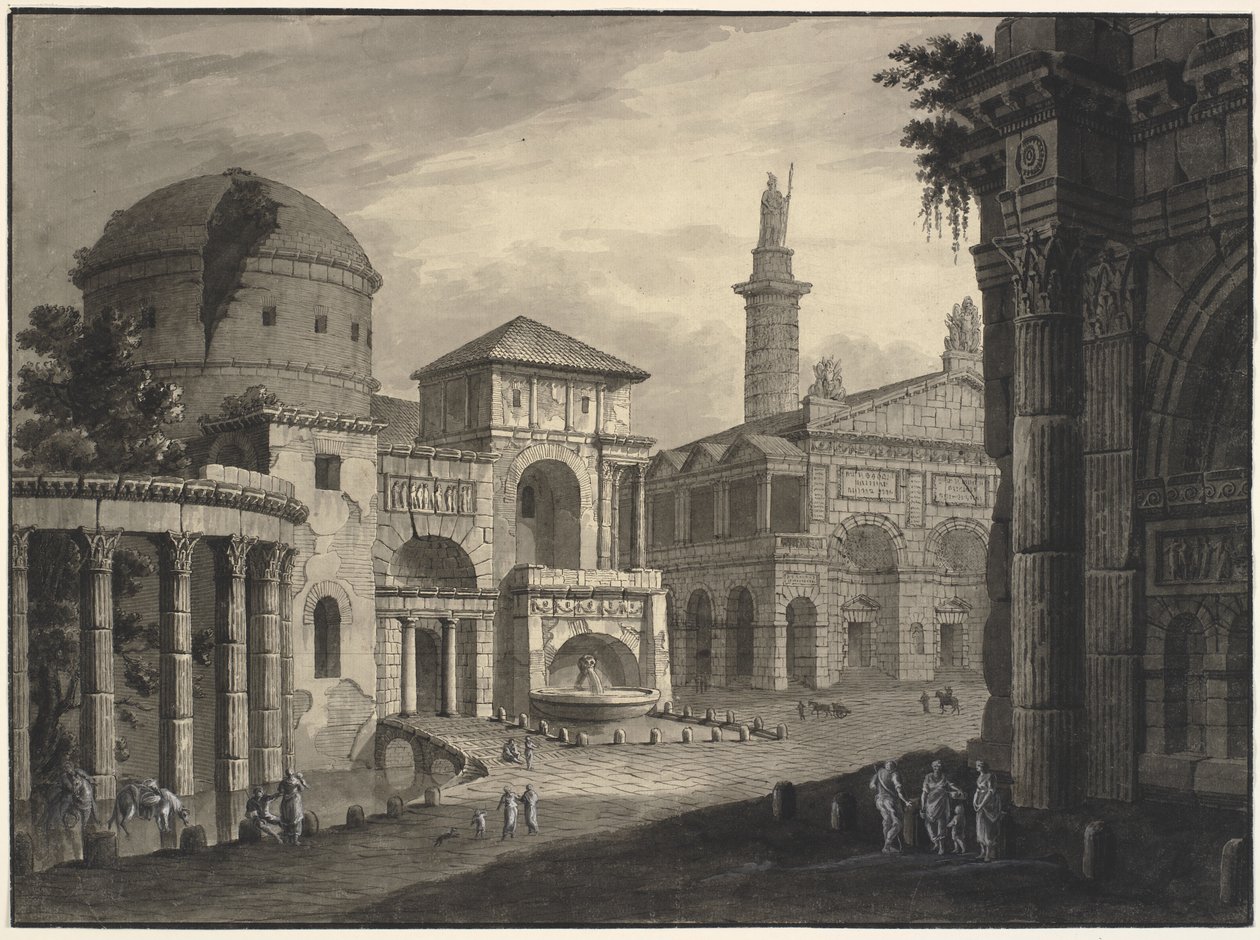 Architectonische fantasie van een oude stad met een plein en veel gebouwen, sommige gedeeltelijk in verval door Robert Adam