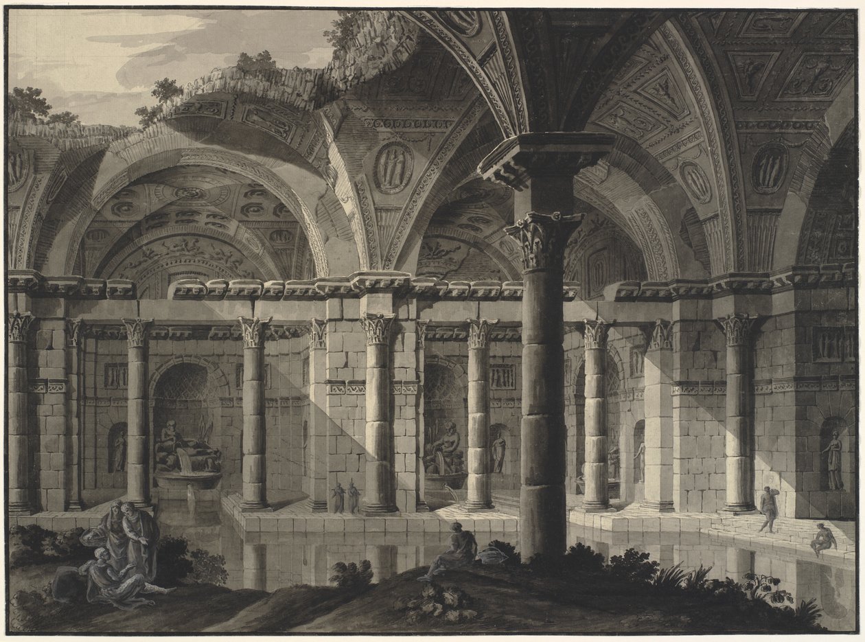 Architectonische fantasie van een antiek bad met verwoest dak en figuren door Robert Adam