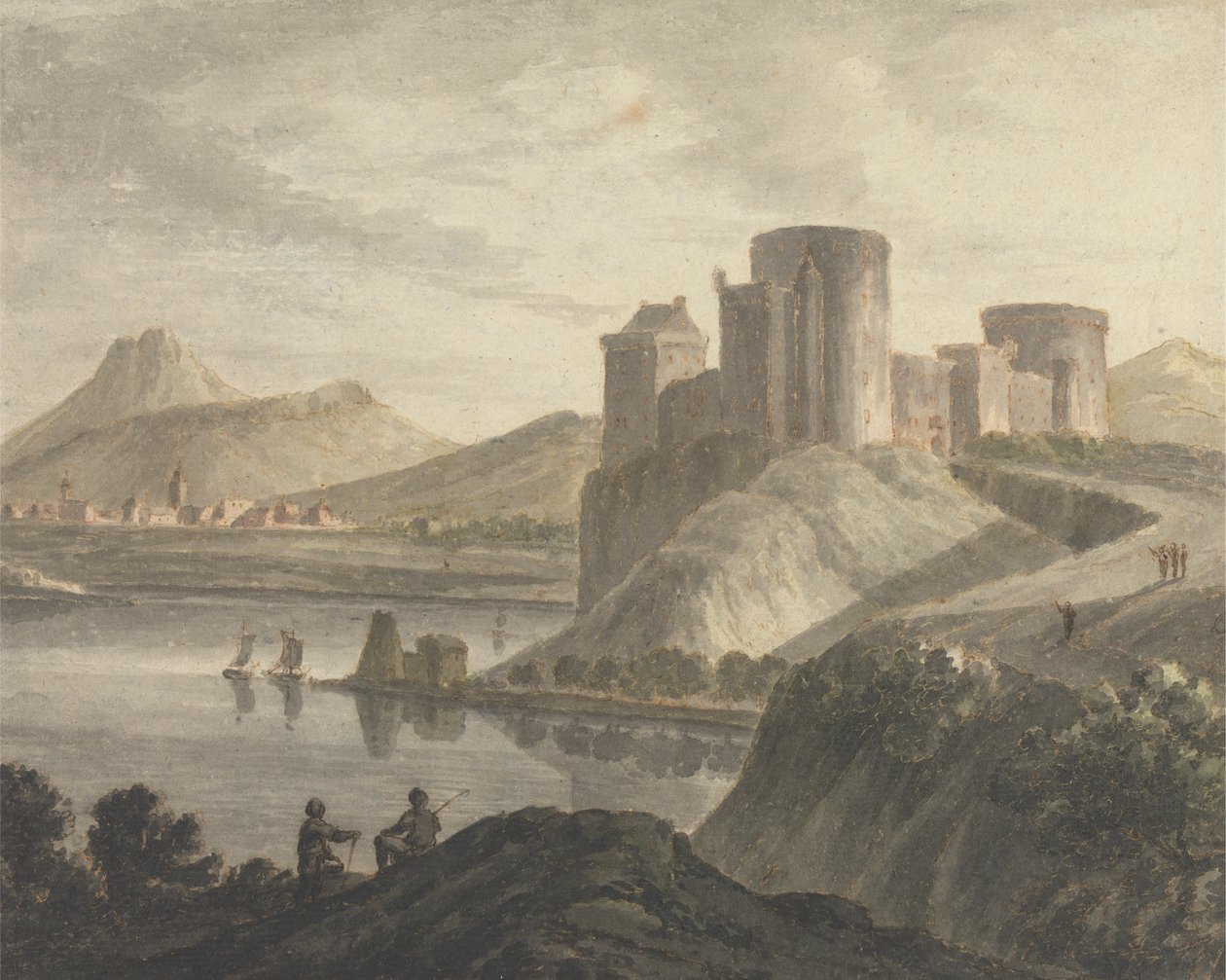 Kasteel met figuren in een klassiek landschap door Robert Adam