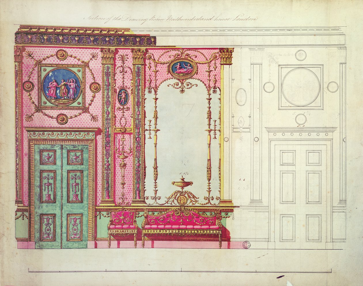 Sectie van de salon, Northumberland House, Londen; Ontwerp voor eindmuur door Robert Adam