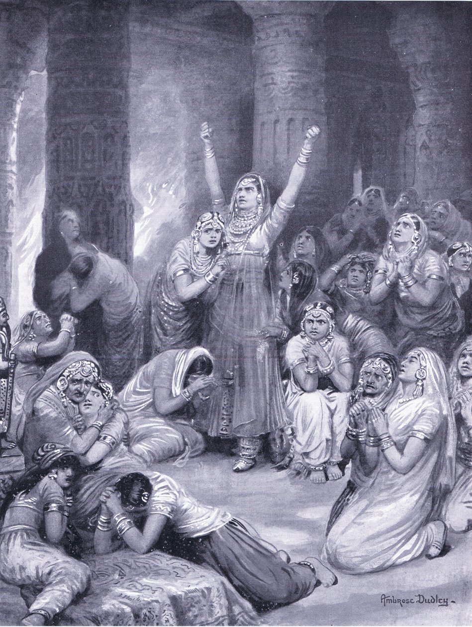 De Rajput ceremonie van Jakhur (holocaust) 1567 AD (litho) door Robert Ambrose Dudley