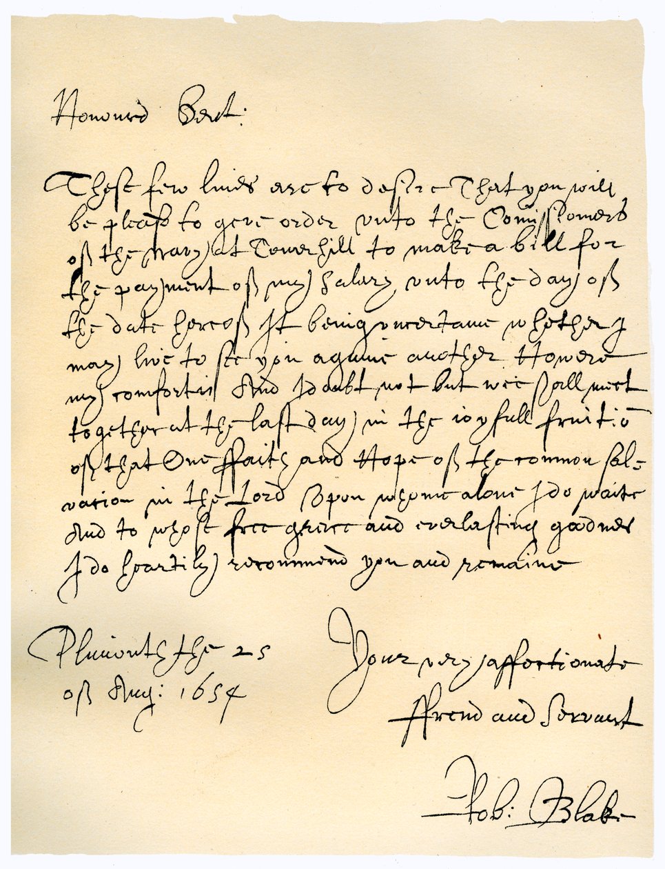 Brief van admiraal Robert Blake aan de commissarissen van de Admiraliteit, 25 augustus 1654 door Robert Blake